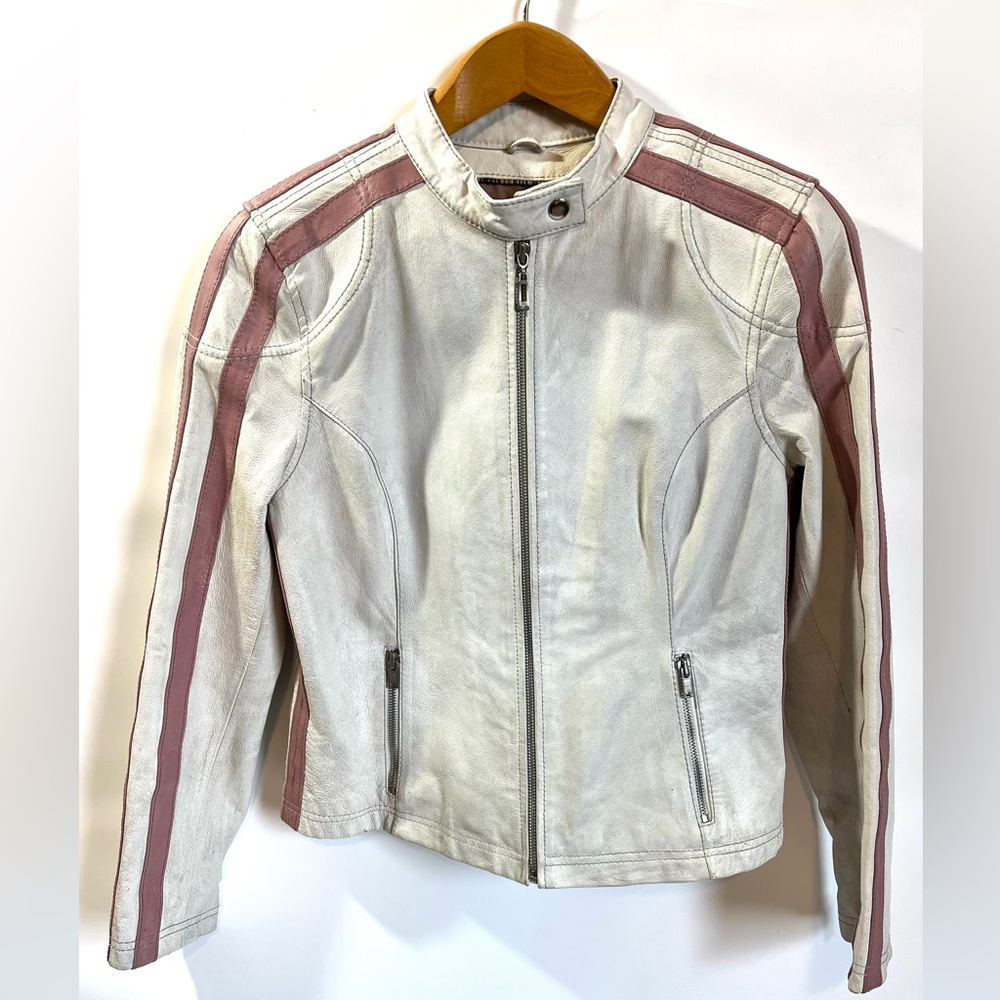 Wilson Leather Womens White Leather Coat with pink stripe